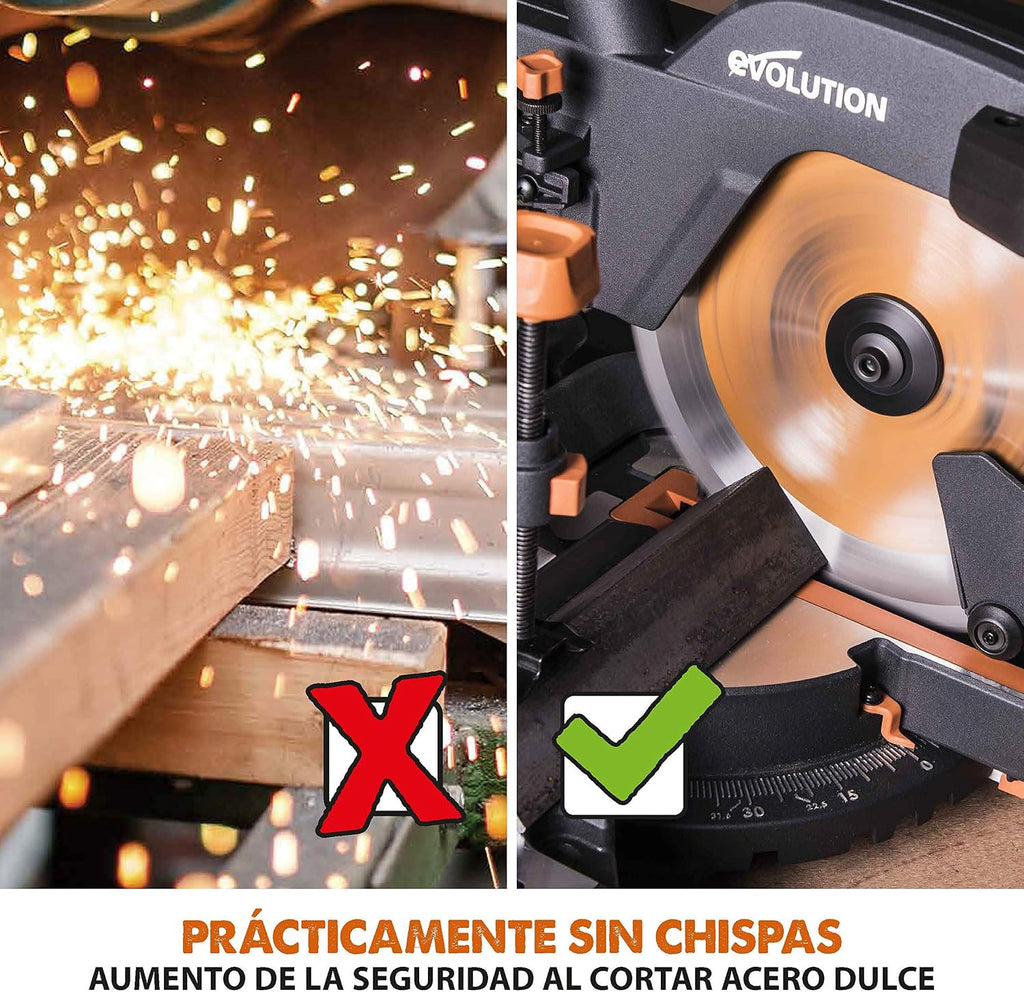 Evolution Power Tools R255SMS Sierra ingletadora Deslizante multimaterial, con Paquete Plus, Corta acero dulce, aluminio, plástico, madera con clavos incrustados 230 V, 255 mm