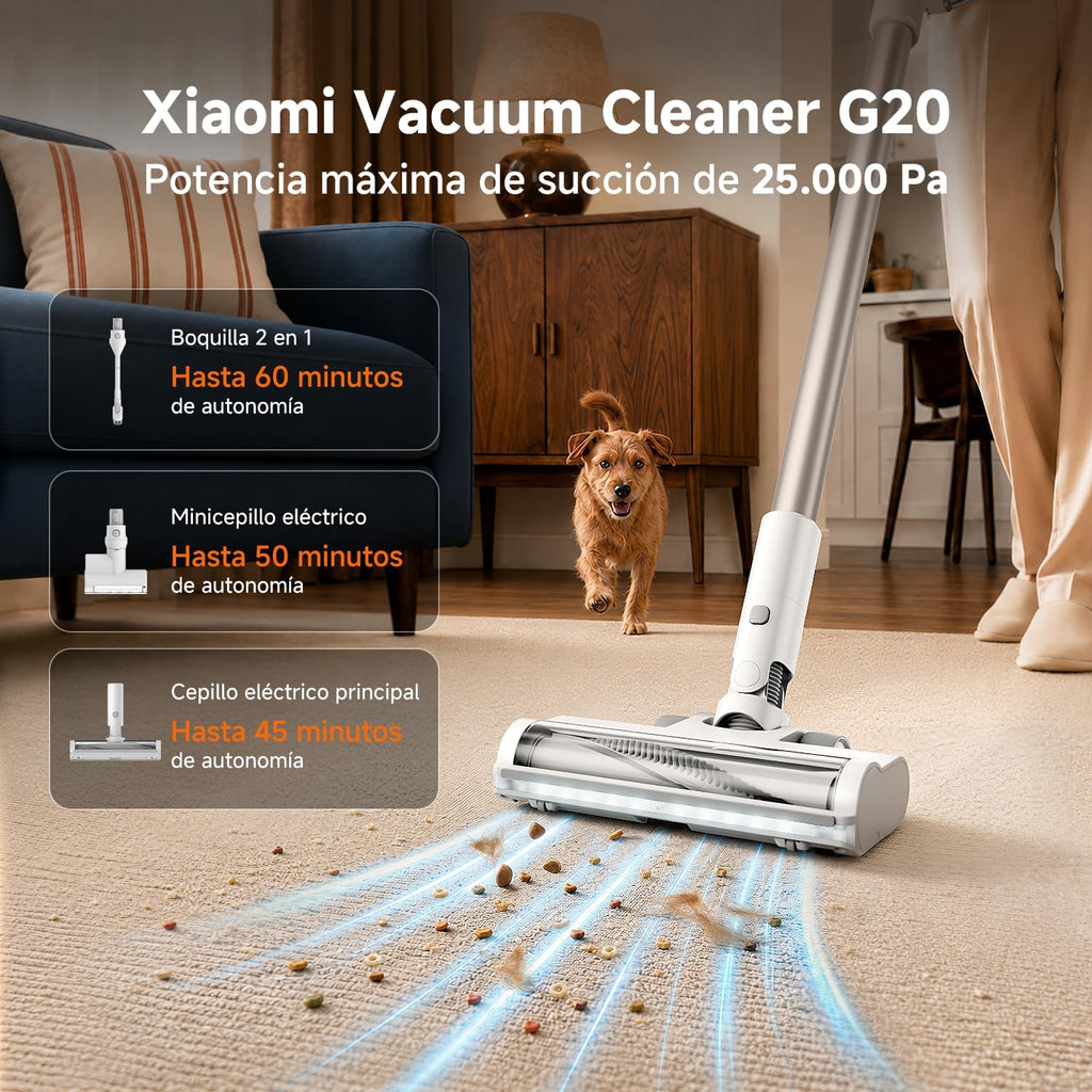XIAOMI Aspiradora inalámbrica G20, 25 kPa / 150 AW, 60 min de autonomía, filtración 99.9%, con luz Frontal para detección de Polvo, Ideal para Suelos Duros, alfombras y Pelo de Mascotas