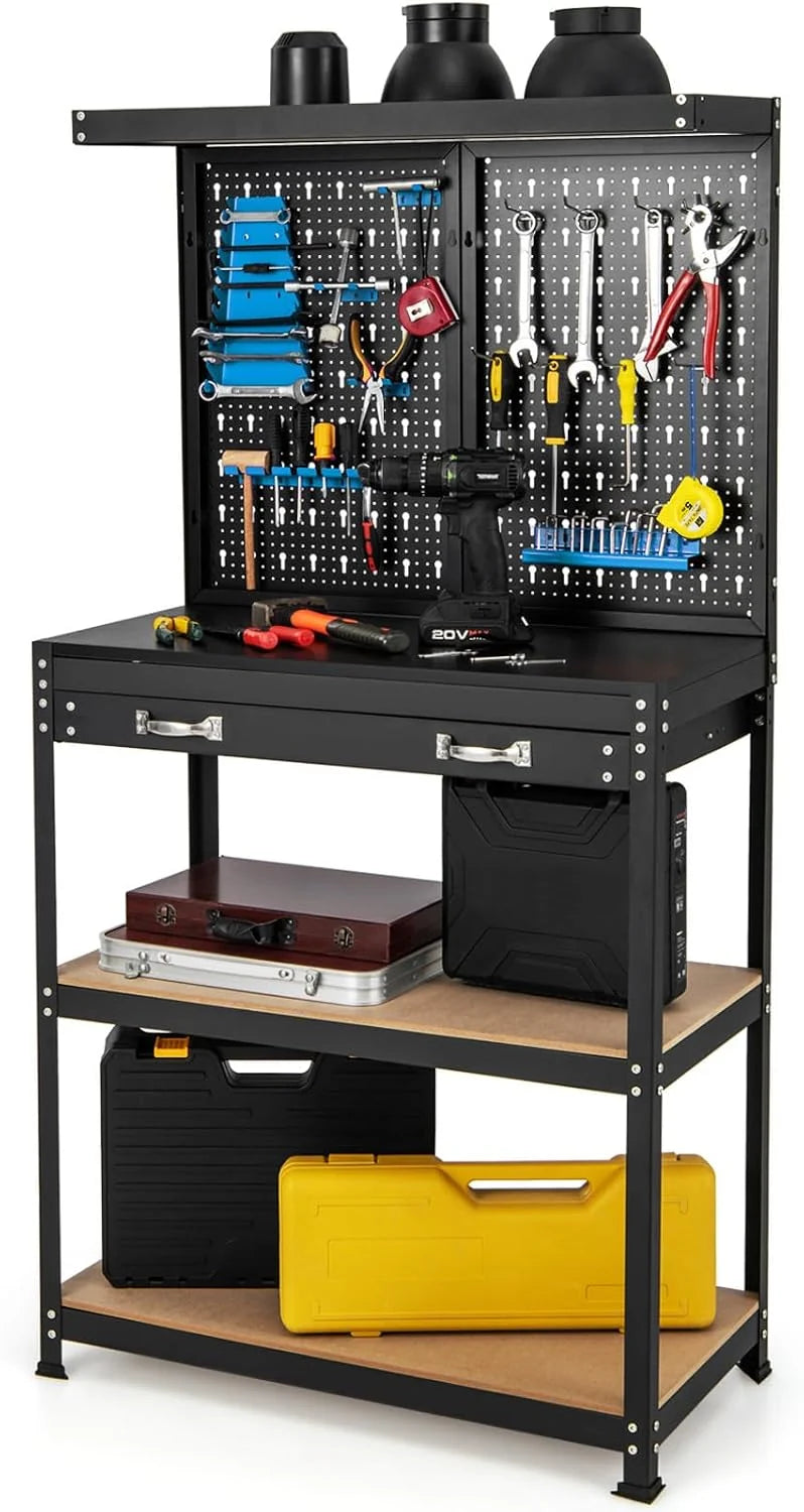 COSTWAY Banco de Trabajo con Tablero Perforado, Banco de Trabajo para Almacenamiento de Herramientas con Estantes y Cajones, 14 Accesorios para Colgar, Mesa de Trabajo para Garaje (Negro y Azul)