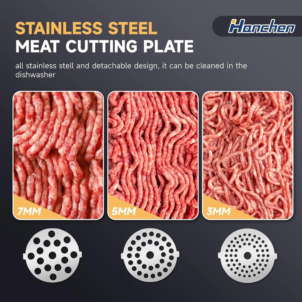 Hanchen Picadora eléctrica 3 en 1 para carne picada con cortador de verduras y prensa de tomates, incluye relleno de salchichas, accesorio para galletas y juego Kubbe