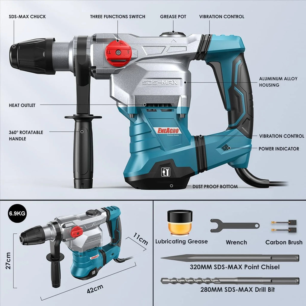 ENEACRO SDS-MAX Martillo Perforador, 1500 W 12J Martillo Demoledor con 3 funciones, empuñadura antivibraciones y embrague de seguridad, capacidad de perforación de 40 mm en hormigón