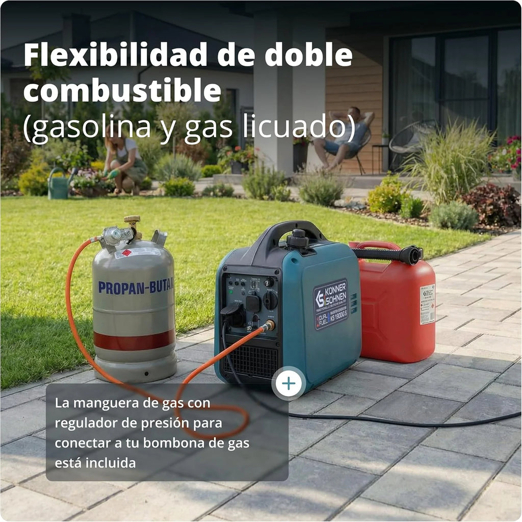 Generador inversor Könner & Söhnen KS 1900iG S LPG de 2,0 kW, combustible dual, generador de corriente inversor Eco-Mode, de gasolina para uso en exteriores, de gasolina, Euro-5