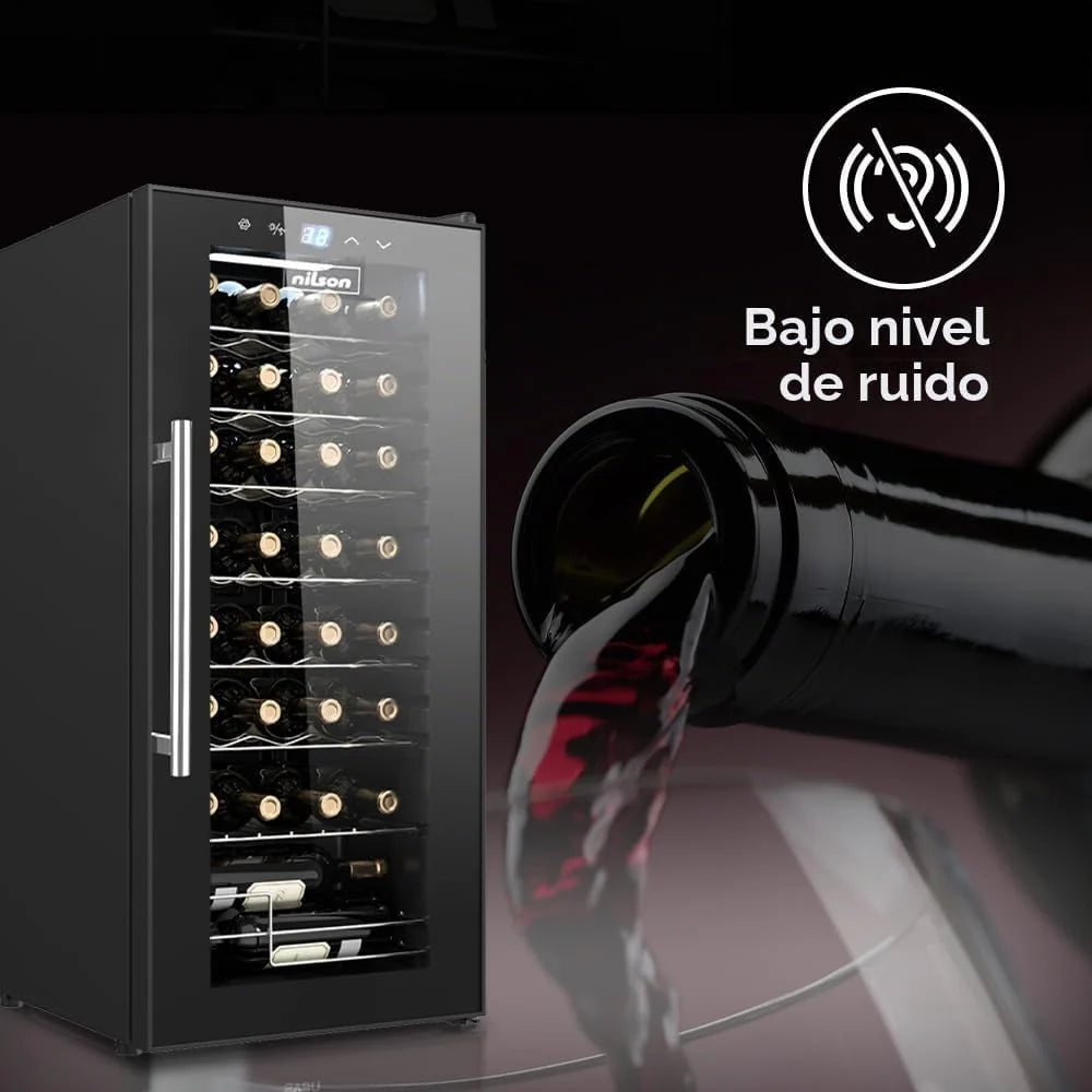 Nilson Vinoteca 32 Botellas Negro, NVN3200S. Cíclica, 39 dB Nivel Sonoro, Zona Única de Temperatura, Pantalla Digital, Luz Interior LED, Puerta Cristal, Apertura Tipo Uñero, Eficiencia Energética G