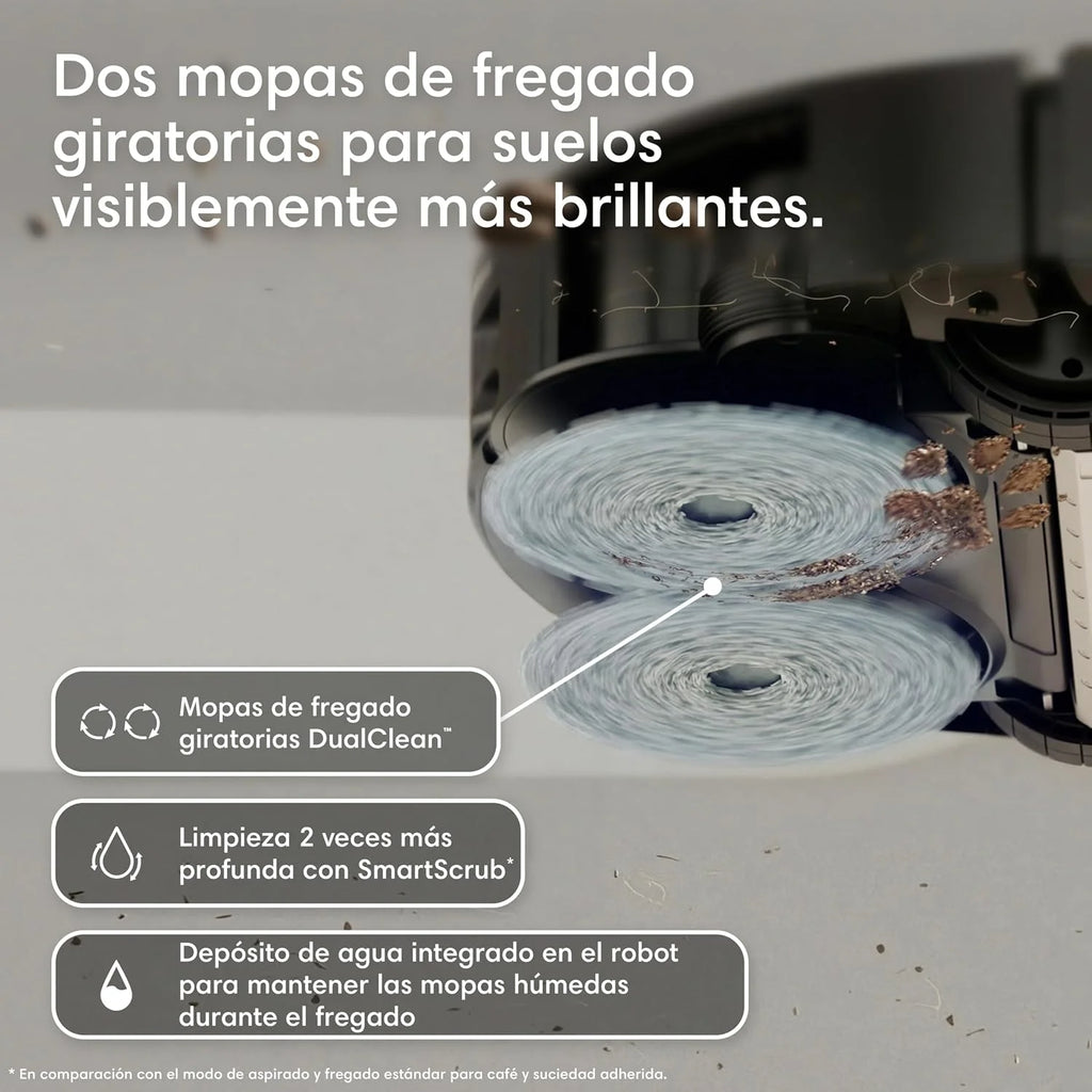 iRobot Roomba Plus 576 Combo y Base AutoWash multifunción, 25KPa, Mopas DualClean PerfectEdge, Lavado/Secado Calor, IA, PrecisionVision, Clearview Pro LiDAR, 90 días autonomía,Accesorios Extra, Negro