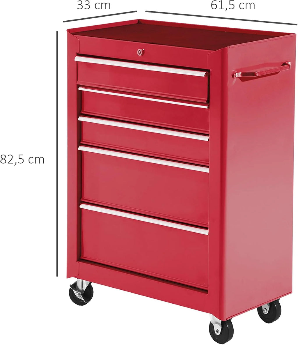 HOMCOM Carro Caja de Herramientas Taller Movil 5 Cajones 4 Ruedas Rojo
