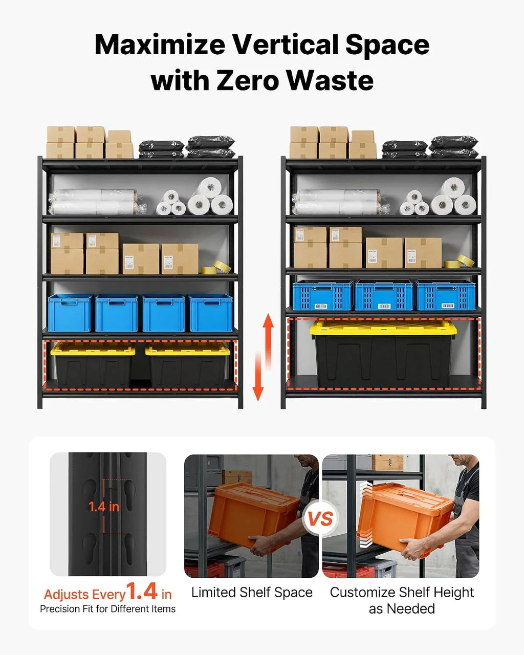 VEVOR Estantería Almacenaje Metálica de 5 Niveles 1511 x 522 x 1813 mm, Estantería Multiusos Altura Ajustable, Capacidad 1360 kg en Total con Estructura de Acero para Sótano Cocina Trastero Hogar