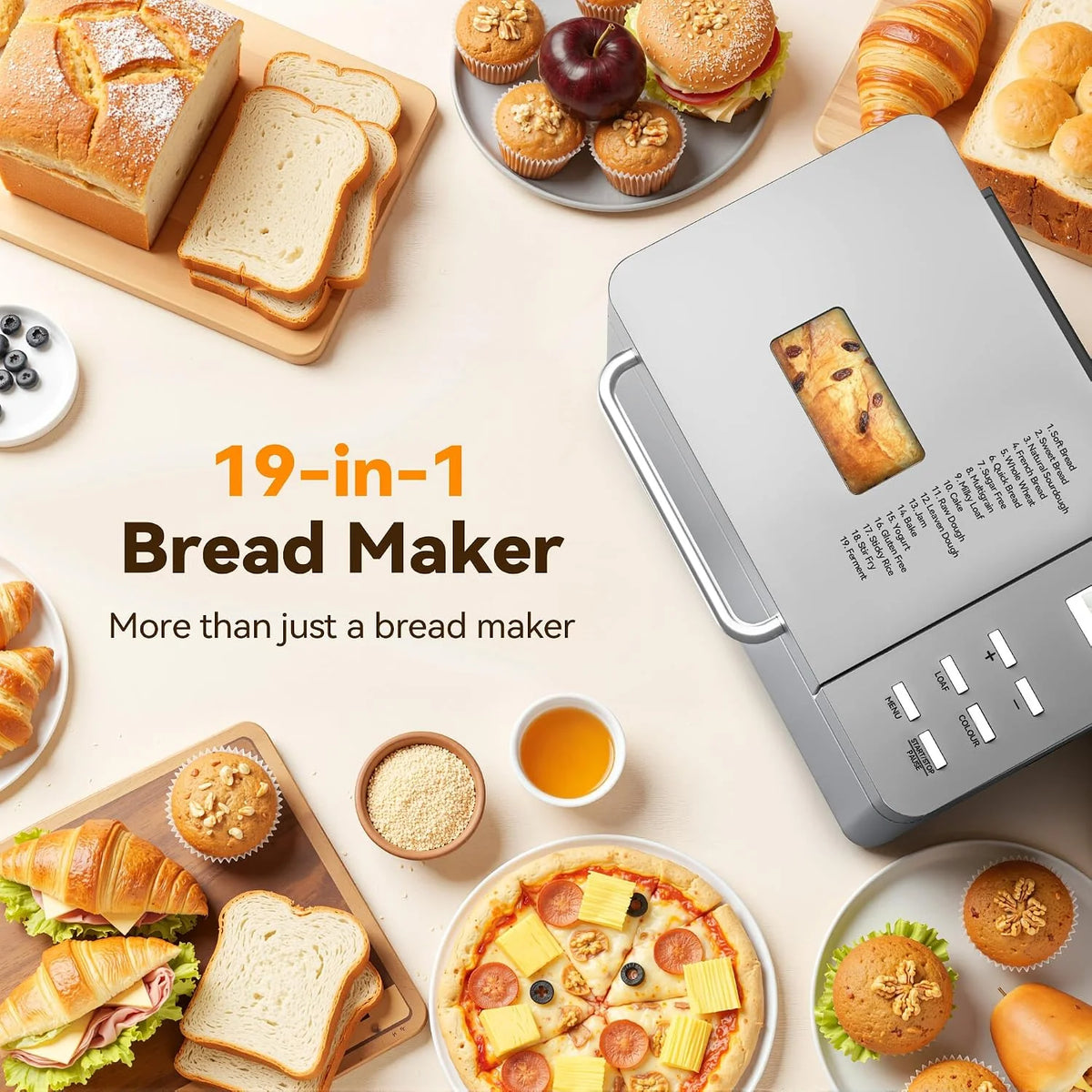 TRIUMPHKEY 19 Programas Panificadora Automática con Dispensador, 3 Tamaños & 3 Tostados Panificadora de Pan, Temporizador 15h, 1kg Maquina de Hacer Pan, Panificadora sin Gluten, Yogur y Mermelada