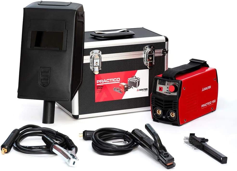 Solter Inverter Practico 150 – Soldador MMA/TIG por Raspado, 150A, Compacto y Ligero (2 kg), Hot-Start y Arc-Force, Maletín de Aluminio, Compatible con Generador, Ideal para Taller y Bricolaje