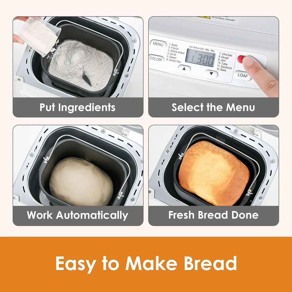 Kitchen in the box - Máquina para hacer pan, programas 12 en 1, ajuste sin gluten, dispensador automático de frutos secos y sartén antiadherente extraíble, 2 tamaños de pan (2 libras), temporizador de