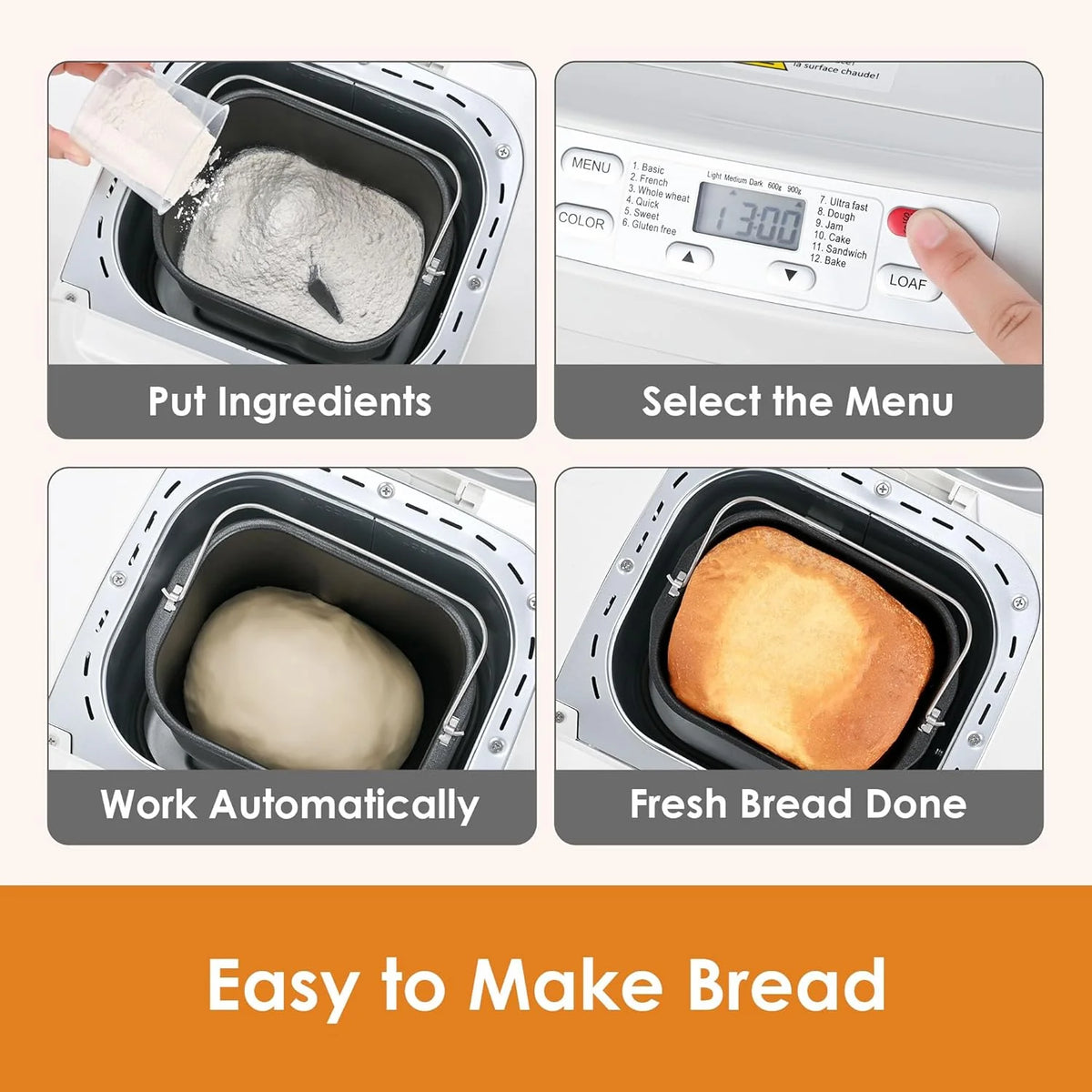 Kitchen in the box - Máquina para hacer pan, programas 12 en 1, ajuste sin gluten, dispensador automático de frutos secos y sartén antiadherente extraíble, 2 tamaños de pan (2 libras), temporizador de