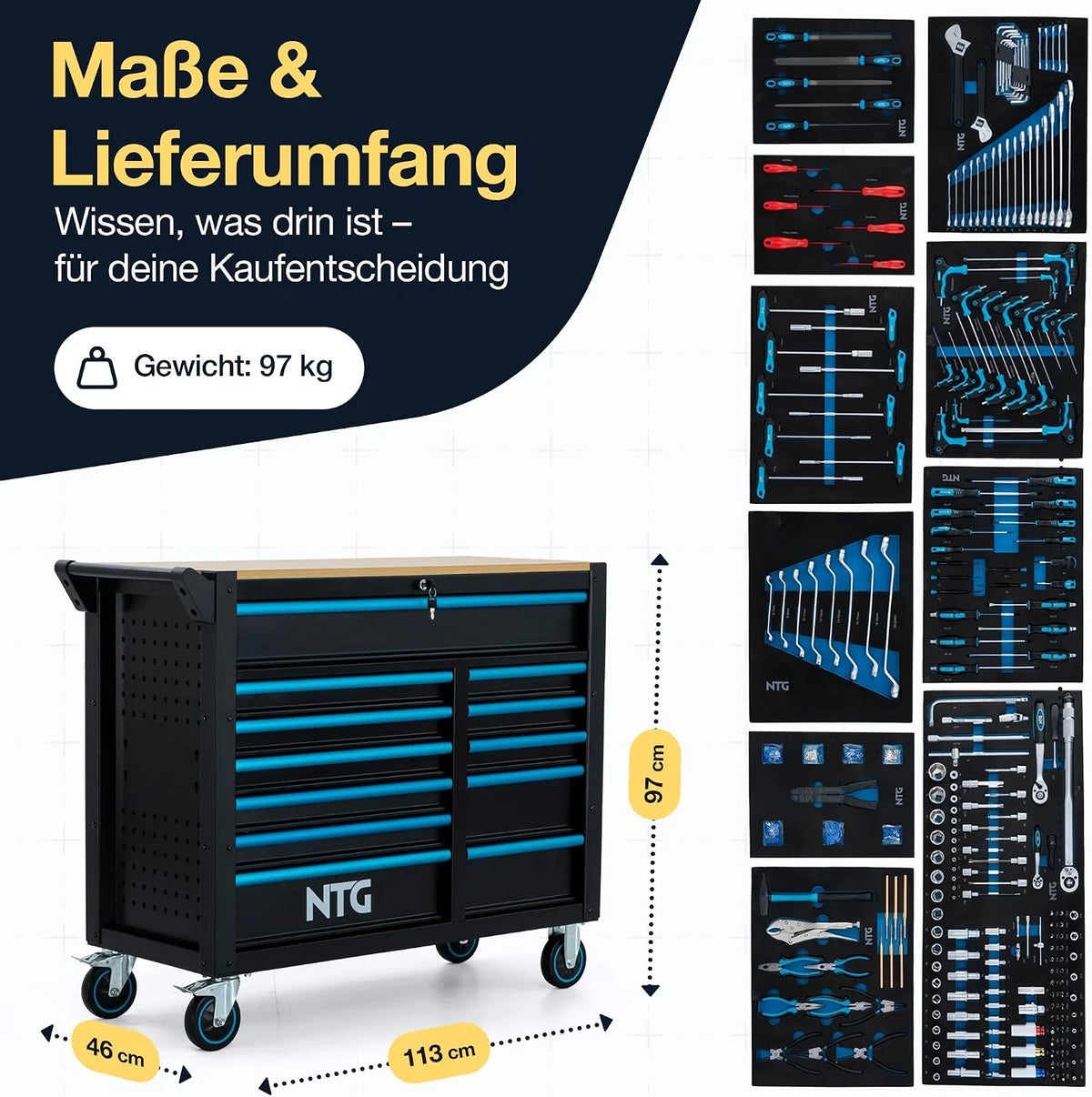 NTG Carro de herramientas XXL – 471 piezas incluidas – 12 cajones con tablero de trabajo de madera, con llave, móvil sobre ruedas – Gabinete profesional de metal para garaje y taller
