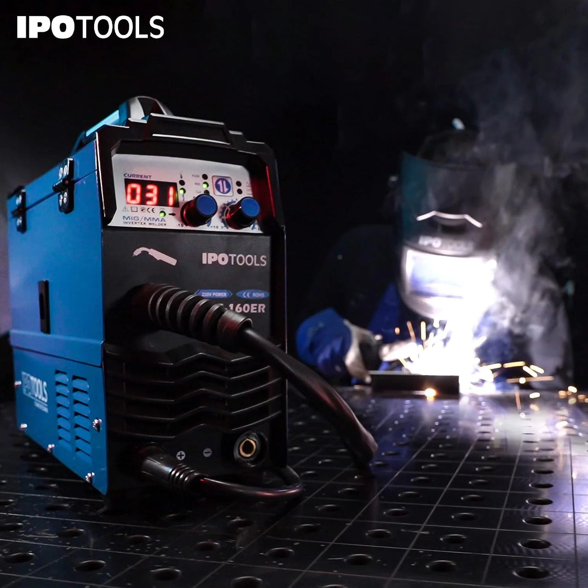 IPOTOOLS MIG-160ER Máquina de soldar MIG MAG - Máquina de soldar MIG con 160A 230V IGBT, Máquina de electrodos 3 en 1 MIG Flux MMA, Máquina de soldadura inverter portátil, 7 años de garantía