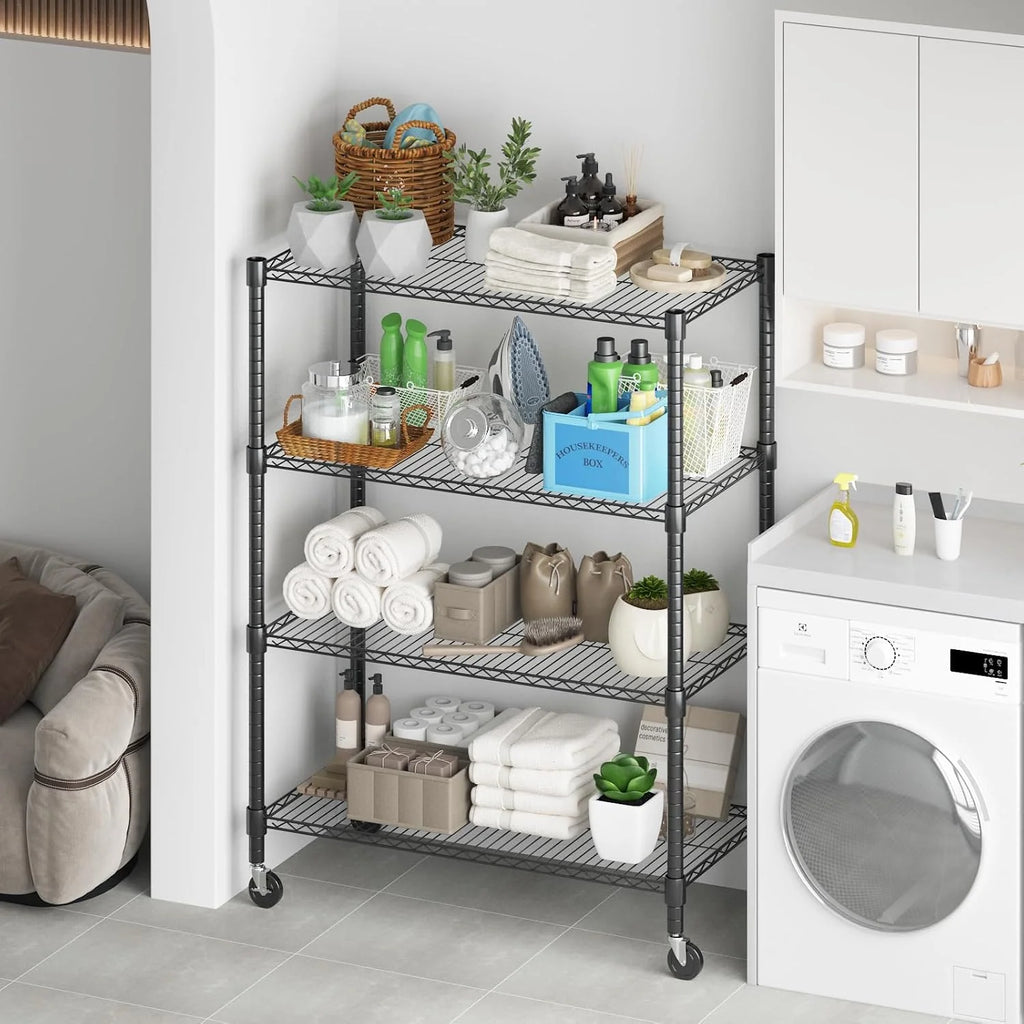 Himimi Estantería de Alambre de 4 Niveles con Ruedas y Pies Niveladores, Altura Ajustable, Estante de Almacenamiento Metálico para Cocina, Baño, Sala de Estar, Capacidad de 500 kg, 90*45*183 cm, Negro
