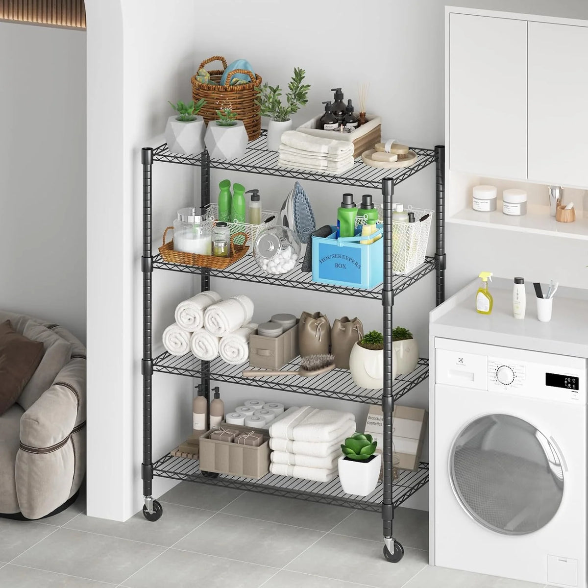 Himimi Estantería de Alambre de 4 Niveles con Ruedas y Pies Niveladores, Altura Ajustable, Estante de Almacenamiento Metálico para Cocina, Baño, Sala de Estar, Capacidad de 500 kg, 90*45*183 cm, Negro