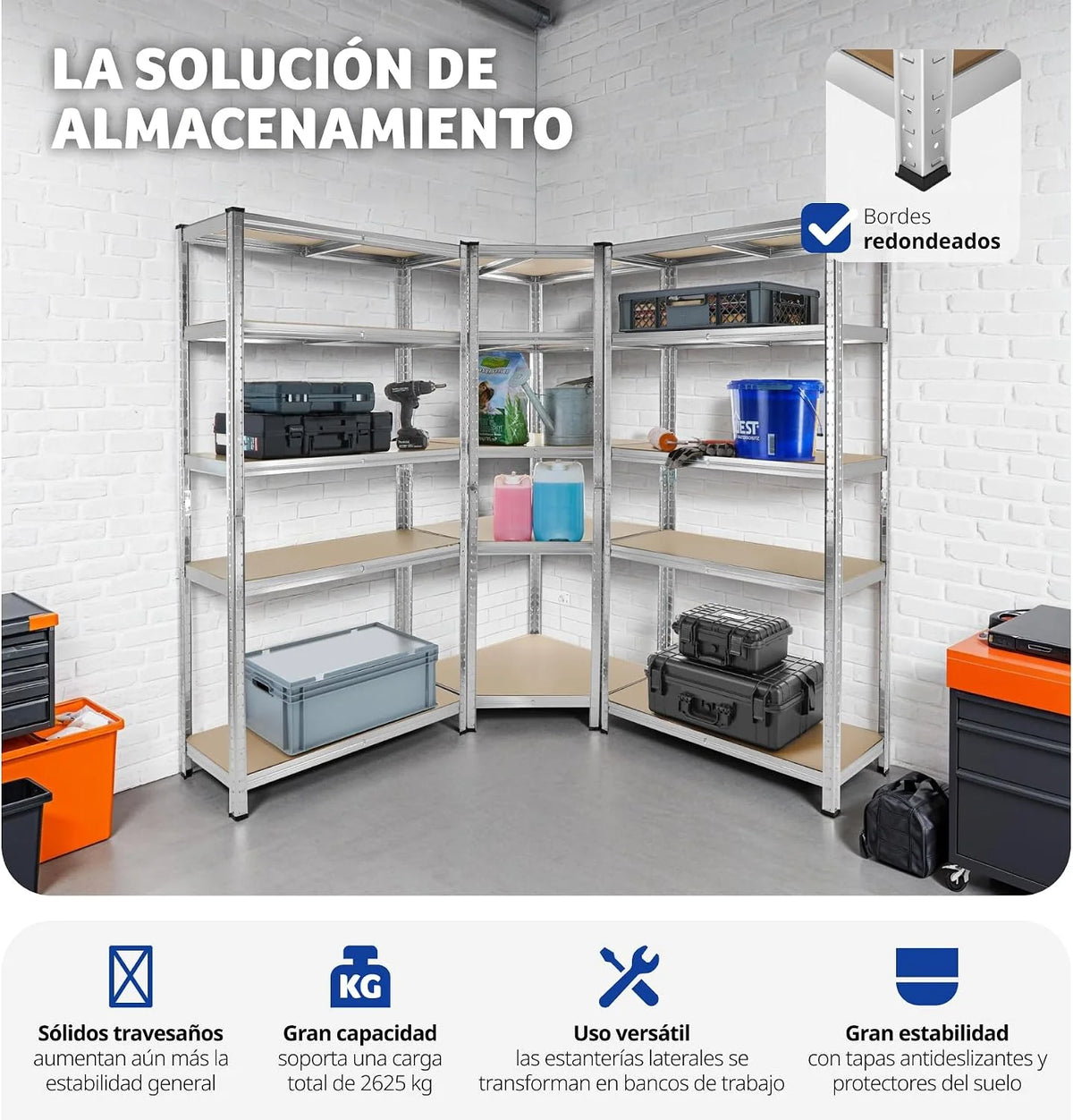 tectake® Estantería para Cargas Pesadas, 3 Partes, 15 Estantes, Estructura de Acero Galvanizado, Capacidad de Carga 2625 kg, Ajustable en Altura, Convertible en Bancos de Trabajo, Bordes Redondeados