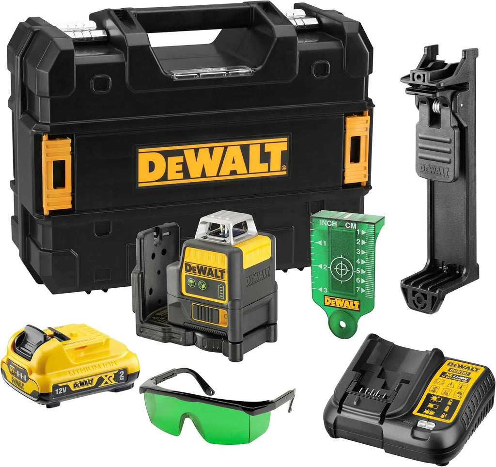 DEWALT DCE0811D1G-QW - Nivel Láser Autonivelante Verde, 2 Líneas 360°, Batería Li-Ion 2Ah XR 12V, Resistente IP65, Test de Caída 2m, Proyección Horizontal y Vertical, Incluye Pack de Batería 12V