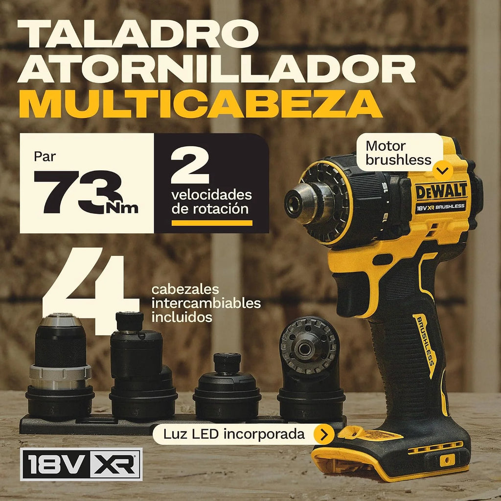 DEWALT Taladro atornillador 18V XR multicabezal, 4 cabezales, DCD803KN-XJ