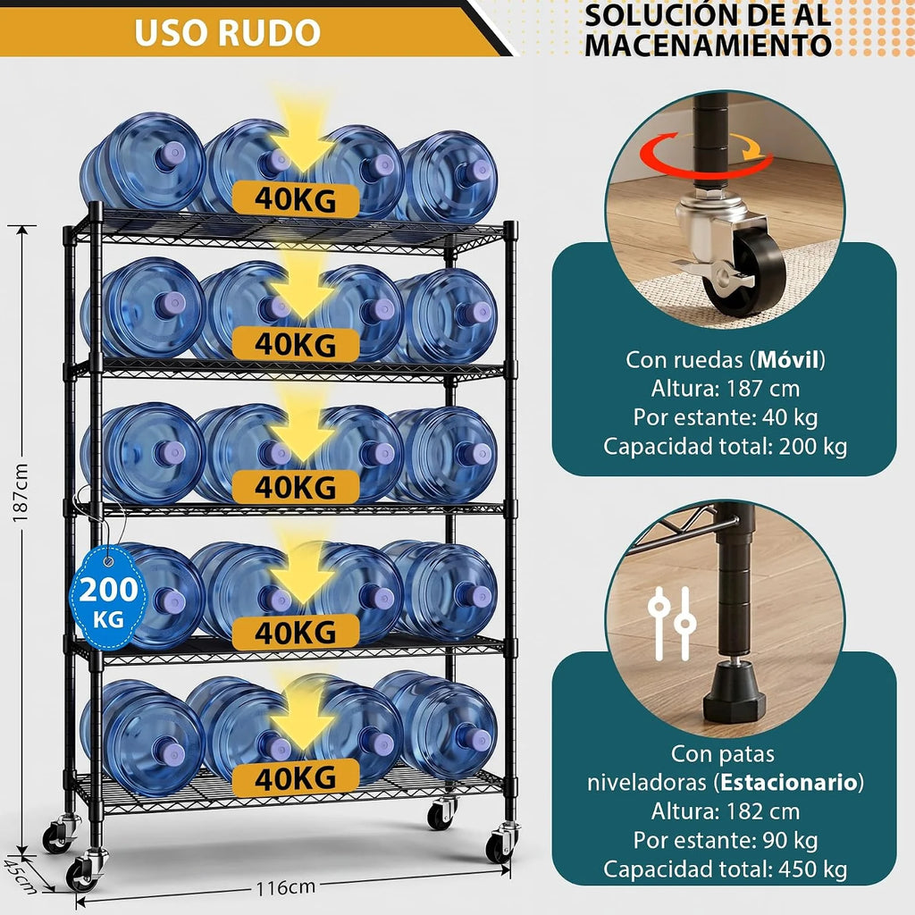 Himimi Estantería Metálica con Ruedas 5 Niveles, Altura Regulable, Estante de Almacenamiento Resistente de Alta Capacidad, Estantería de Rejilla para Cocina, Oficina & Baño,116×45×187 cm Negro