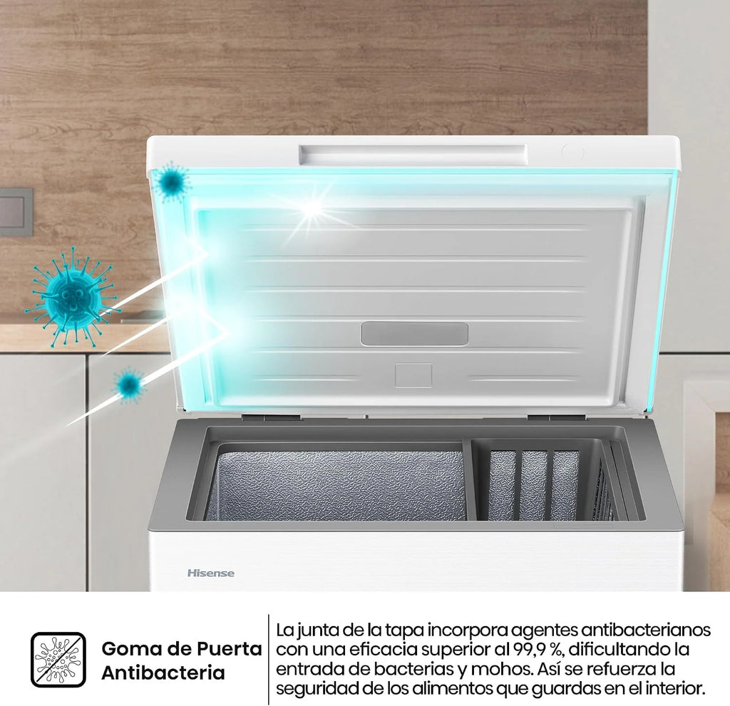 Hisense FT145N1AWDL - Arcón Congelador Horizontal, 141L, 86cm, Congelación 360°, Congelador Convertible, Control Electrónico de Temperatura, Freezer Protect, Goma de Puerta Antibacteria, Blanco