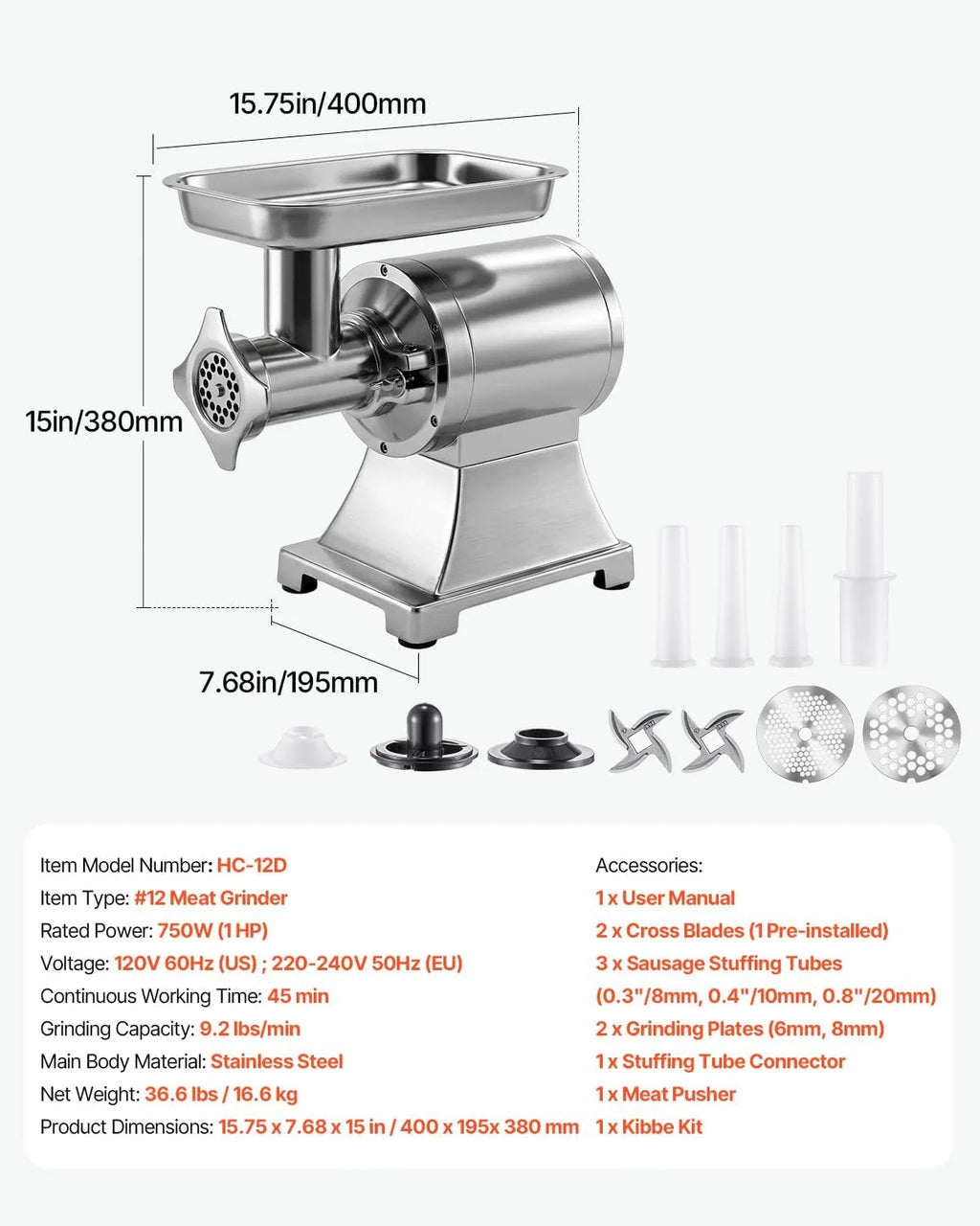 VEVOR Picadora de Carne 750W 1 HP, Picadora de Carne Eléctrica 4,2 kg/min, de Acero Inoxidable, con 2 Placas, 3 Tubos de Embutir Salchichas, para Cocinas Domésticas, Restaurantes, Carnicerías