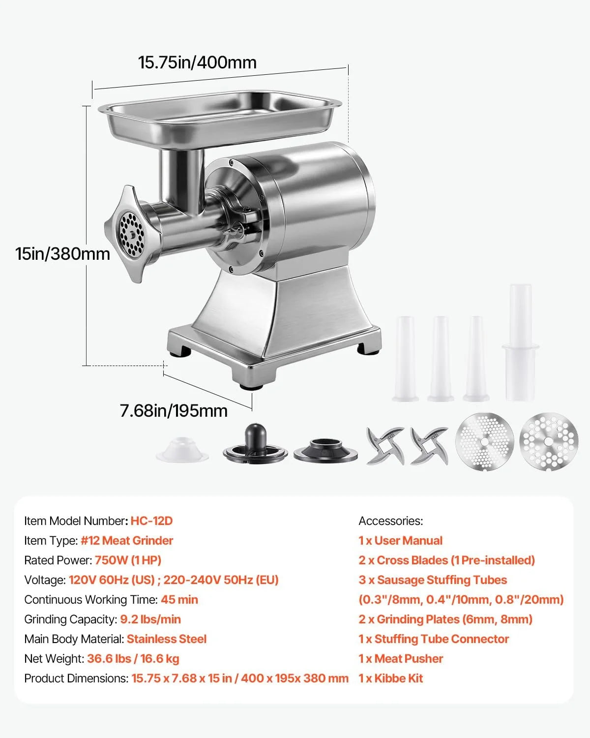 VEVOR Picadora de Carne 750W 1 HP, Picadora de Carne Eléctrica 4,2 kg/min, de Acero Inoxidable, con 2 Placas, 3 Tubos de Embutir Salchichas, para Cocinas Domésticas, Restaurantes, Carnicerías