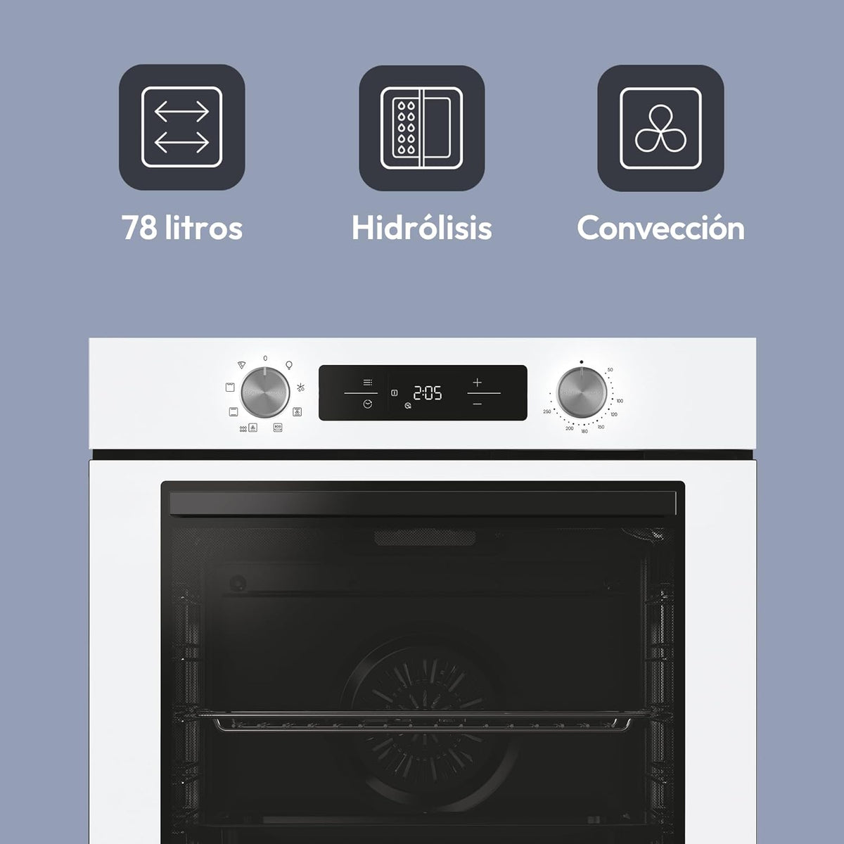 Candy Bake 600 CA6 N3T1HTW Horno Multifunción, 78L, Recetas a través de app hOn, 1 Bandeja y 1 Rejilla, Limpieza Hidrolítica, Convección + Ventilador, 9 Funciones, Ready UX, Blanco
