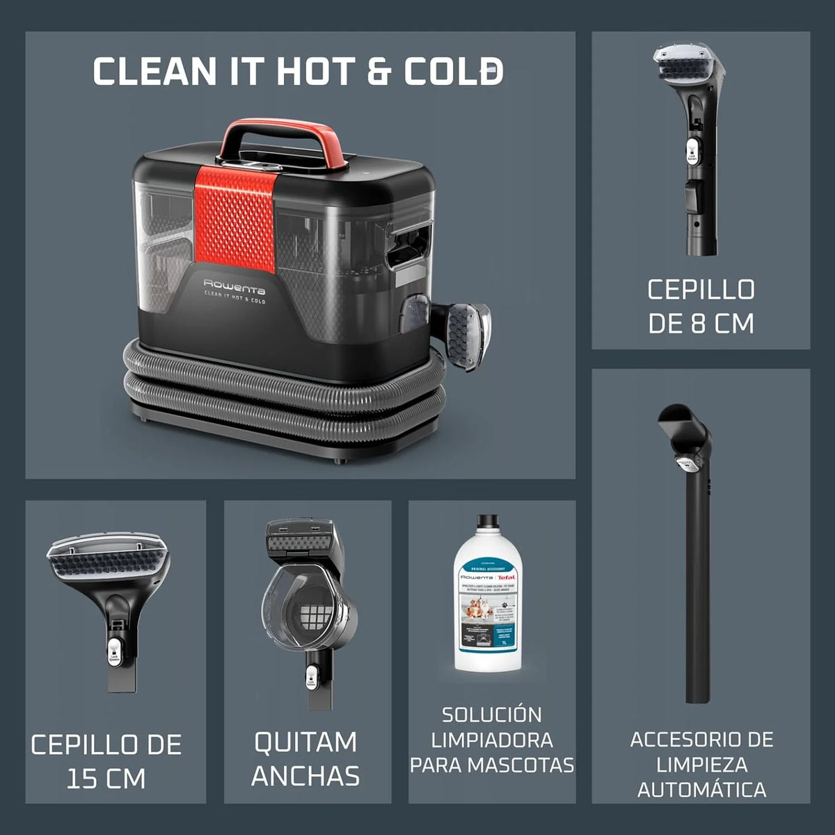 Rowenta Clean It Hot & Cold, Aspiradora tapicerías 1150W, 5 Acc, Negro