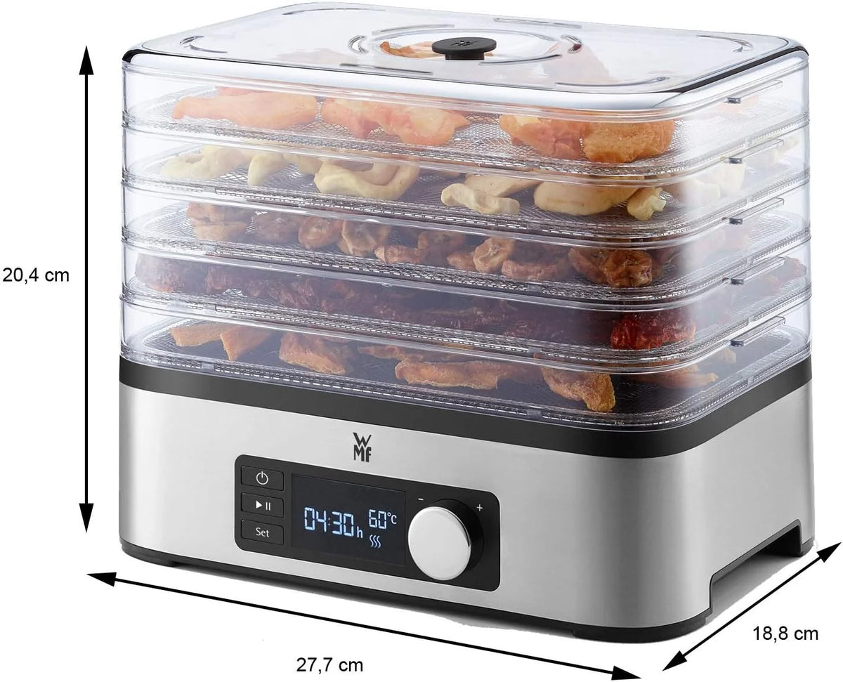 WMF Kitchenminis - Deshidratadora Snack To Go, 250 W con 5 bandejas altura regulable, pantalla LCD, 30-70ºC, libre de BPA,Tritan, Acero Inoxidable cromargan