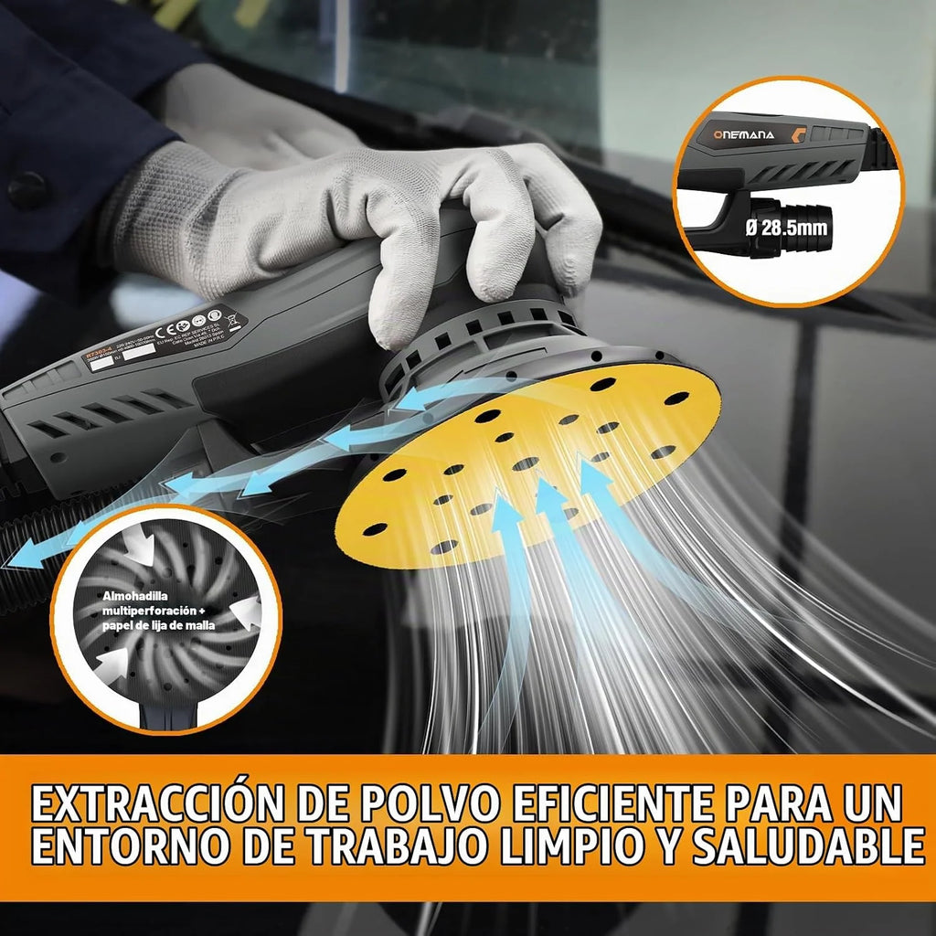 Lijadora orbital ONEMANA 150mm: lijadora electrica sin escobillas, excéntrica 5,0mm, 350W, 6 vel. 4000-10000rpm, recogida polvo, disco 150mm. Lijadora madera