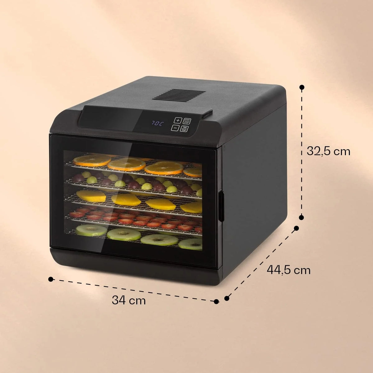 Klarstein Arizona Jerky Deshidratador de alimentos, seca fruta, carne y frutas, 500 vatios, 35-70°C, 6 bandejas aptas para lavavajillas, tiempo de secado corto, pantalla táctil, negro