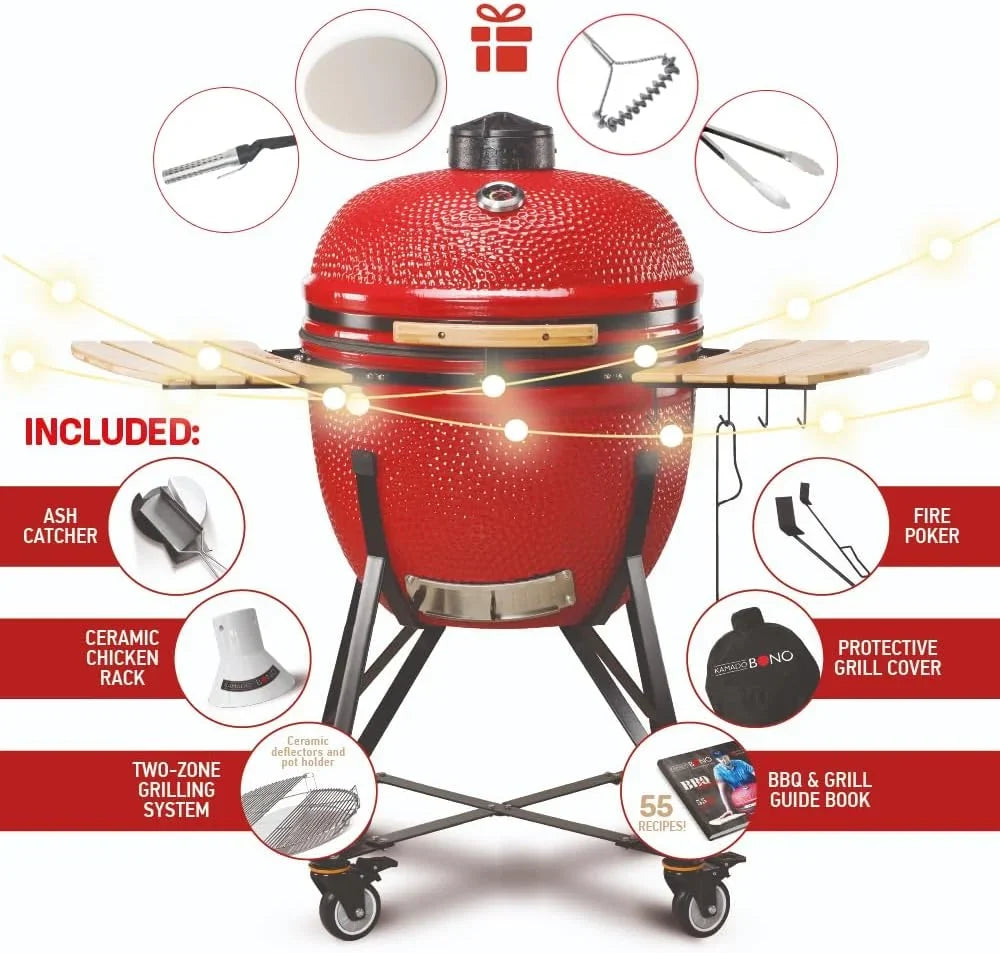 Kamado BONO BBQ - Barbacoa Grande XXL con 10 accesorios - Ø 64 cm Kamado Barbacoa con Accesorios - Parrilla ahumador rojo en la terraza, balcón o jardín