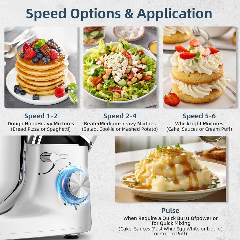 CHeflee Batidora Amasadora Profesional,2000W Amasadora Pan Repostería,6.2 L Bajo Ruido Robot de Cocina Multifunción,Gancho para Masa,Batidor Plano,Protección para Salpicaduras 6 Velocidades Batidora
