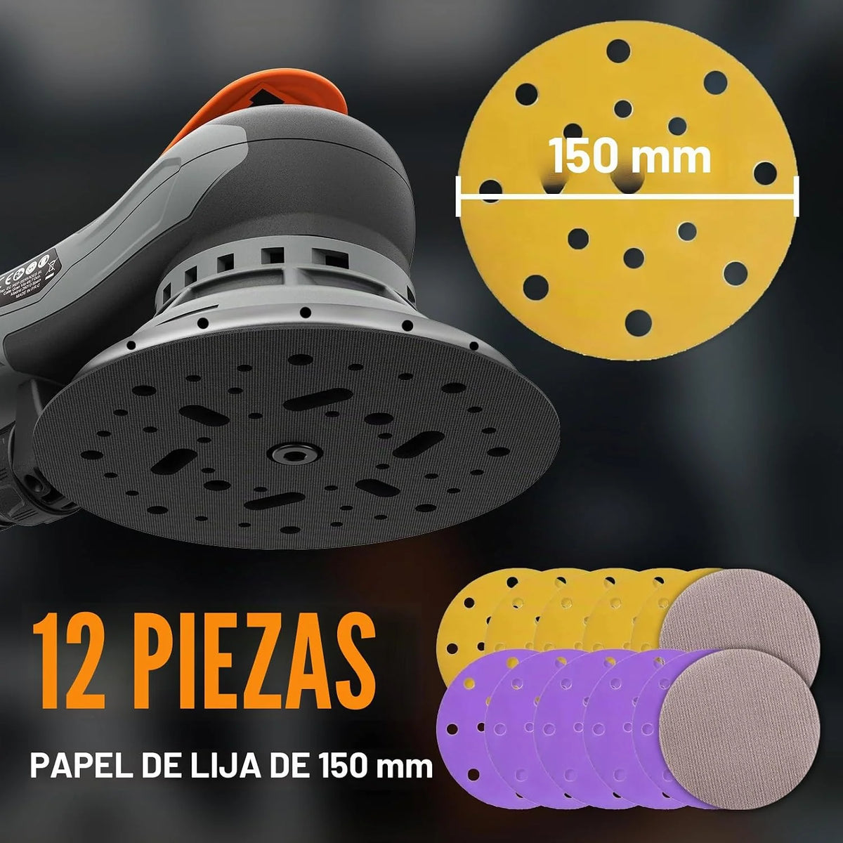 Lijadora orbital ONEMANA 150mm: lijadora electrica sin escobillas, excéntrica 2,5mm, 350W, 6 vel. 4000-10000rpm, recogida polvo, disco 150mm. Lijadora madera