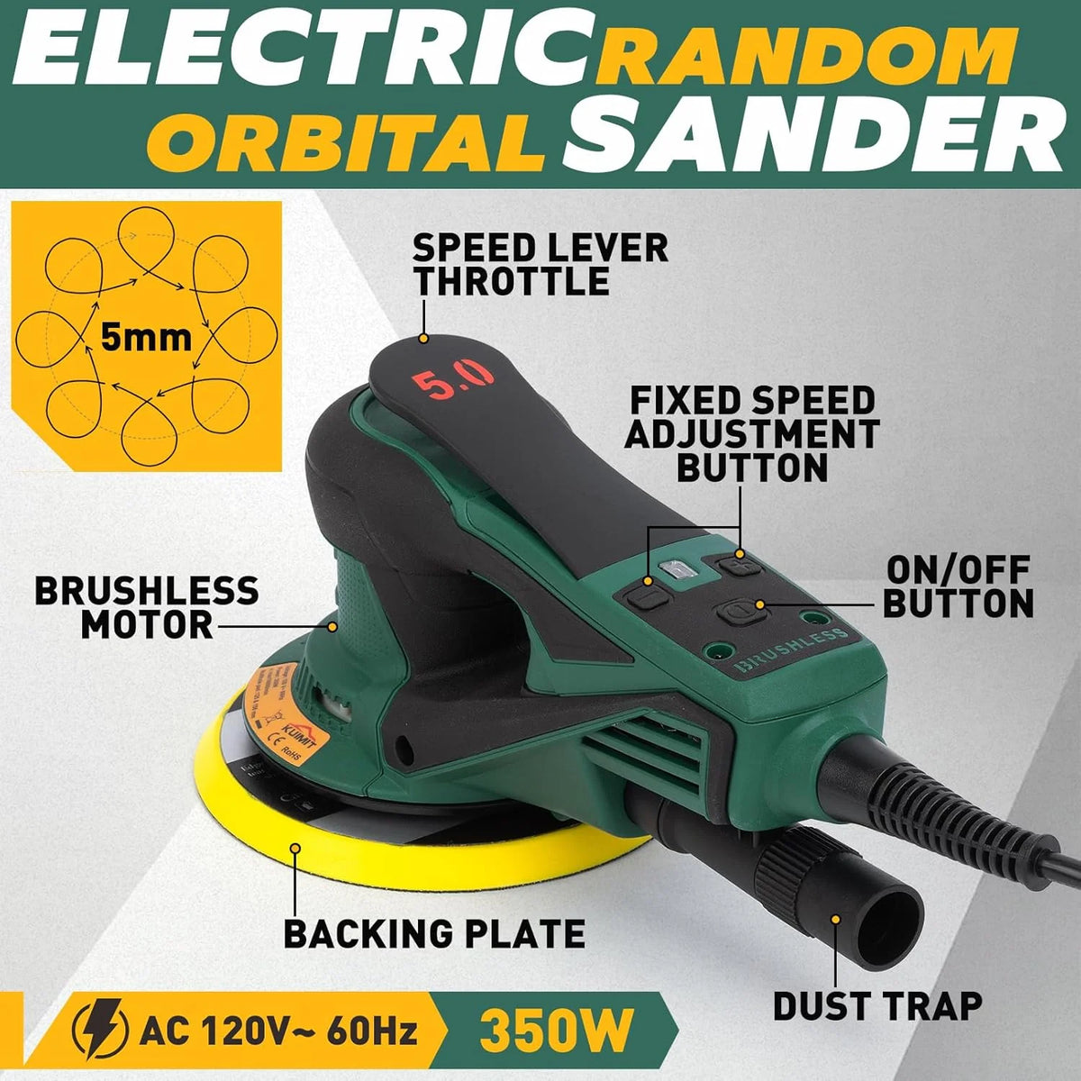 Lijadora Excéntrica, 350W Lijadora Orbital Electrica con Almohadillas Dobles de 125/150mm, Velocidad Variable de 4000-10,000 RPM, para Trabajar y Pulir Madera en Suelos, Proyectos de Automoción