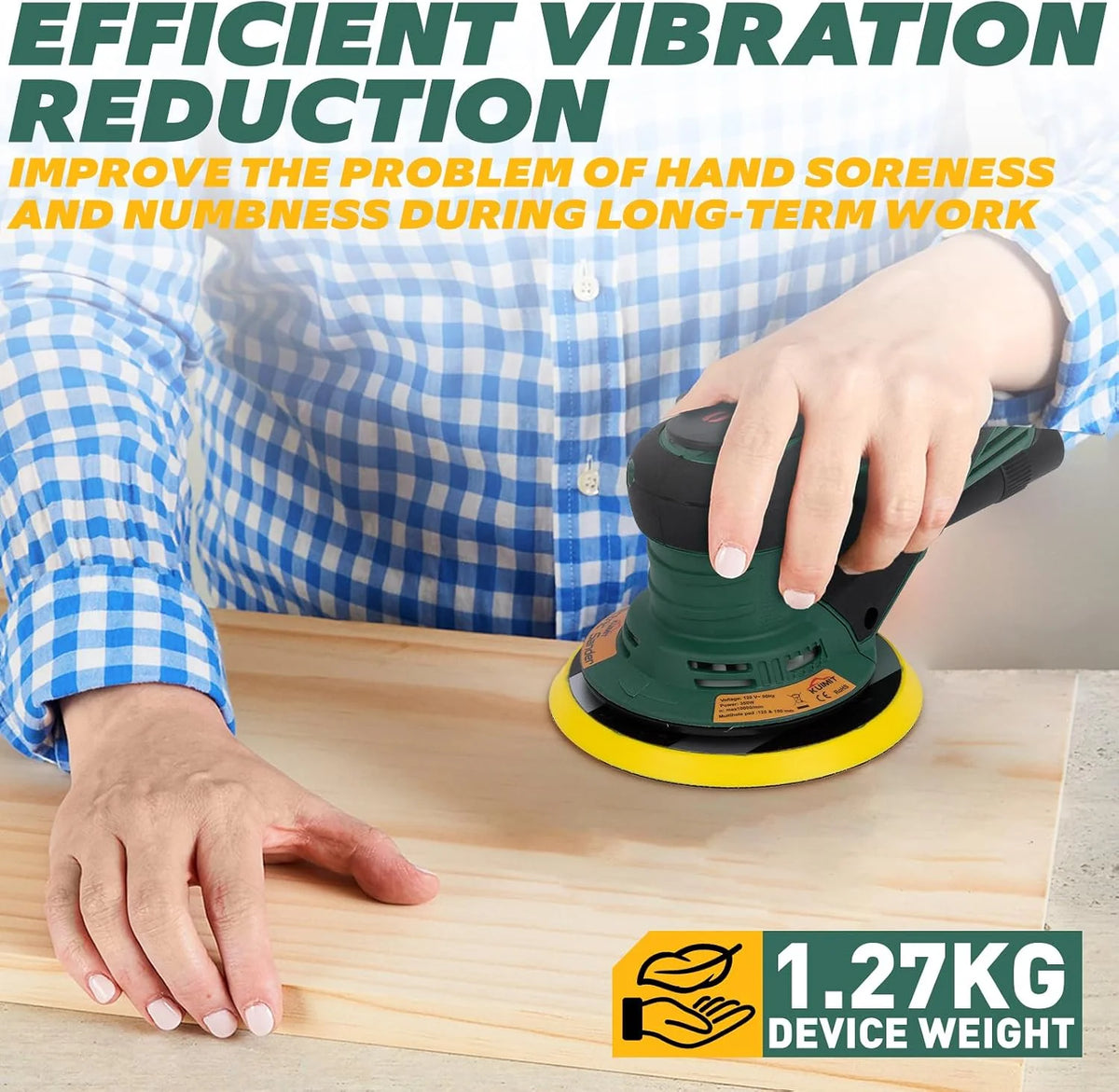 Lijadora Excéntrica, 350W Lijadora Orbital Electrica con Almohadillas Dobles de 125/150mm, Velocidad Variable de 4000-10,000 RPM, para Trabajar y Pulir Madera en Suelos, Proyectos de Automoción