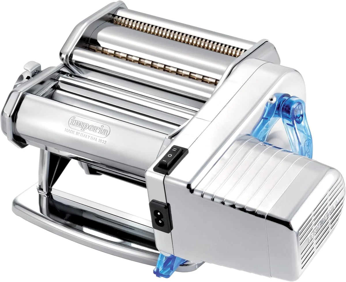 Imperia Electric Línea Clásica. Máquina de pasta eléctrica. Made in Italy. Máquina de pasta fresca en acero con motor eléctrico 220v. Laminadora eléctrica para lasagne, tagliolini, fettuccine. (Plata)