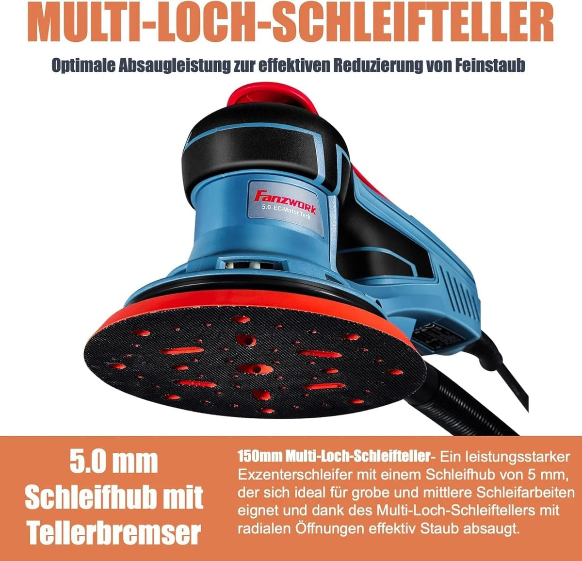FANZWORK Lijadora Rotorbital 150 mm, 350W, Motor sin escobillas