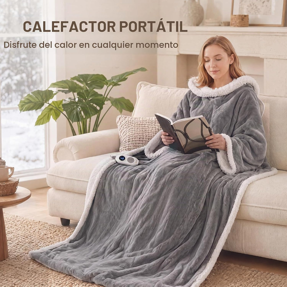 Manta eléctrica portátil con mangas, manta térmica eléctrica con bolsillo para los pies, 6 niveles de calor y apagado automático de 2 a 10 horas, gris claro, 127 x 177,8 + 45,7 cm