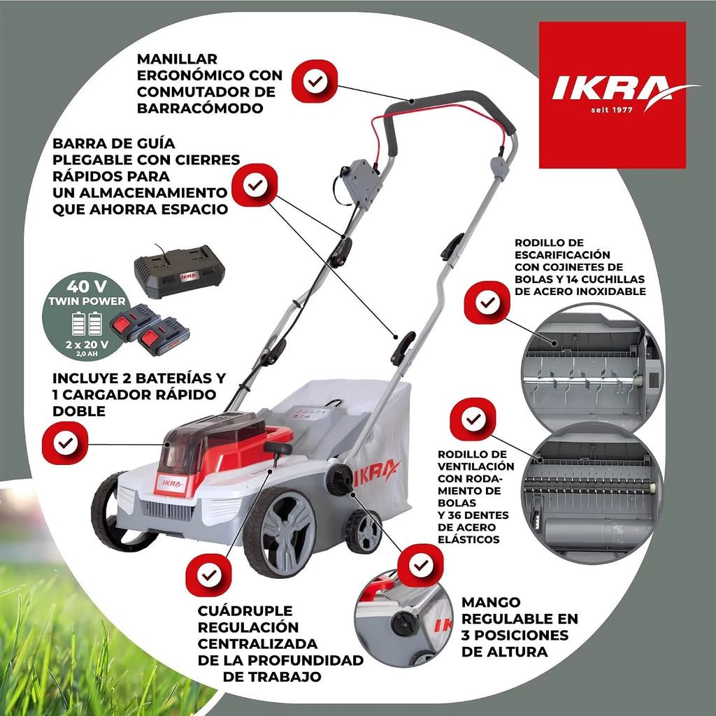 IKRA escarificador y aireador a batería 3 en 1 IAVL 2-2032, Ancho 32 cm
