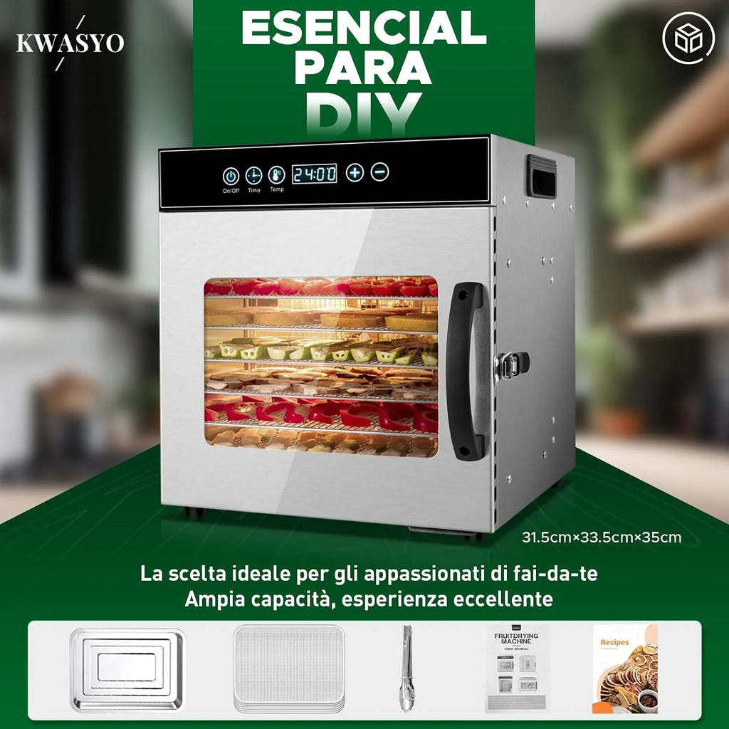 Kwasyo Deshidratador de Alimentos Acero Inoxidable Libre de BPA, Deshidratadora de Frutas y Verduras con Pantalla LCD, Temperatura 30-90℃, Temporizador, Hierbas, Nueces, Yogurt, 8 Bandejas, 500W