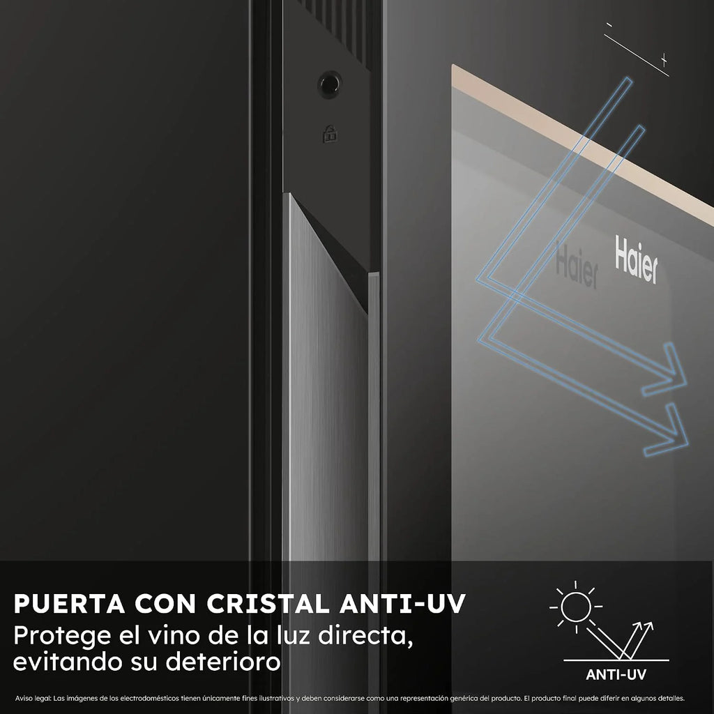 Haier Wine Bank 50 Series 3 HWS34GGH1 - Vinoteca 34 botellas, WIFI, Estantes de madera, Cristal Anti-UV, Filtro de carbón, Display Digital, Iluminación LED, Silenciosa 37 dbA, Negra