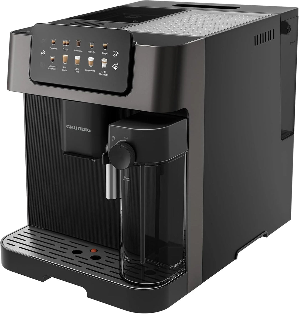 Grundig KVA 7230 Máquina automática de café, 10 especialidades de café, 13 niveles de molienda, tanque de leche, potencia de 1350 W, presión de bomba 19 bar, doble boquilla, iluminación, negro/plata