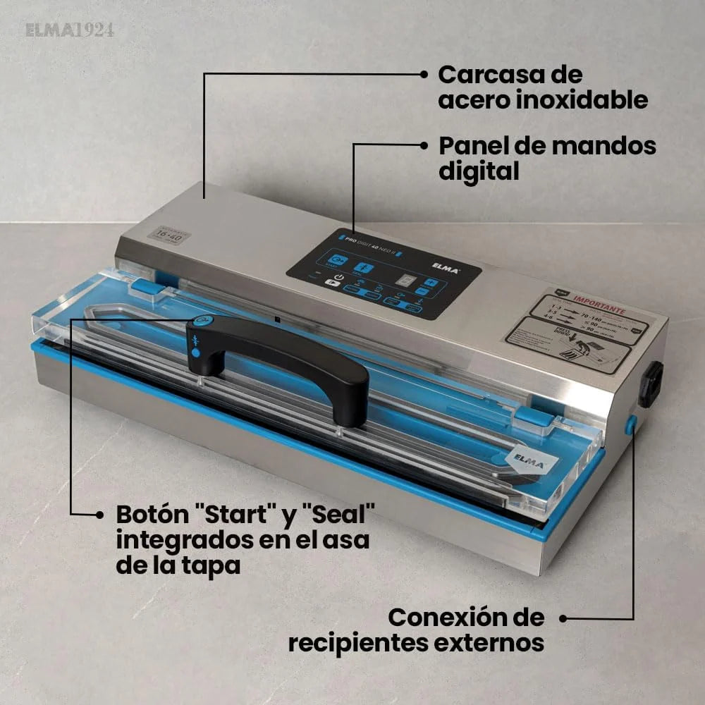 ELMA Envasadora al Vacío Profesional Digit 40 NEO II | 550W, Barra de Sellado 40 cm, Uso Intensivo, Conservación de Alimentos, Compatible con Recipientes Externos de Vacío