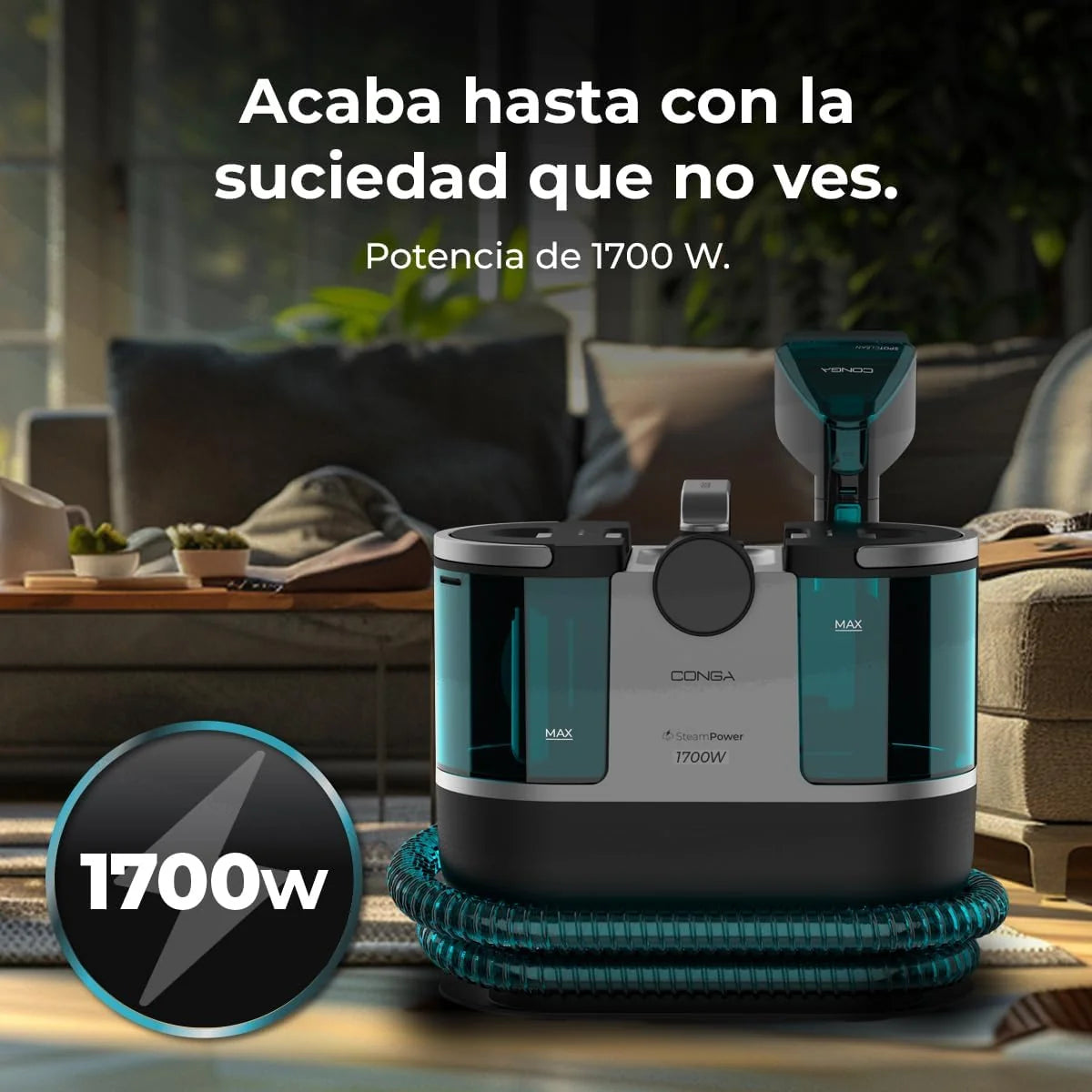 Cecotec Limpiador Aspirador de Tapicerias y Alfombras Conga 7000 Carpet&Spot Clean Steam XXL Essential. 1700W, Limpieza Vapor, Deposito 1600ml Agua Limpia y 950ml Agua Sucia, Radio de Acción 9m