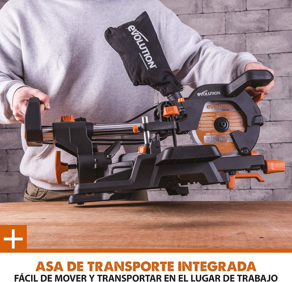 Evolution Power Tools - R210SMS-300+ Ingletadora deslizante multimaterial de 210 mm (230 V), con paquete plus, Corta acero dulce, aluminio, plástico, madera con clavos incrustados