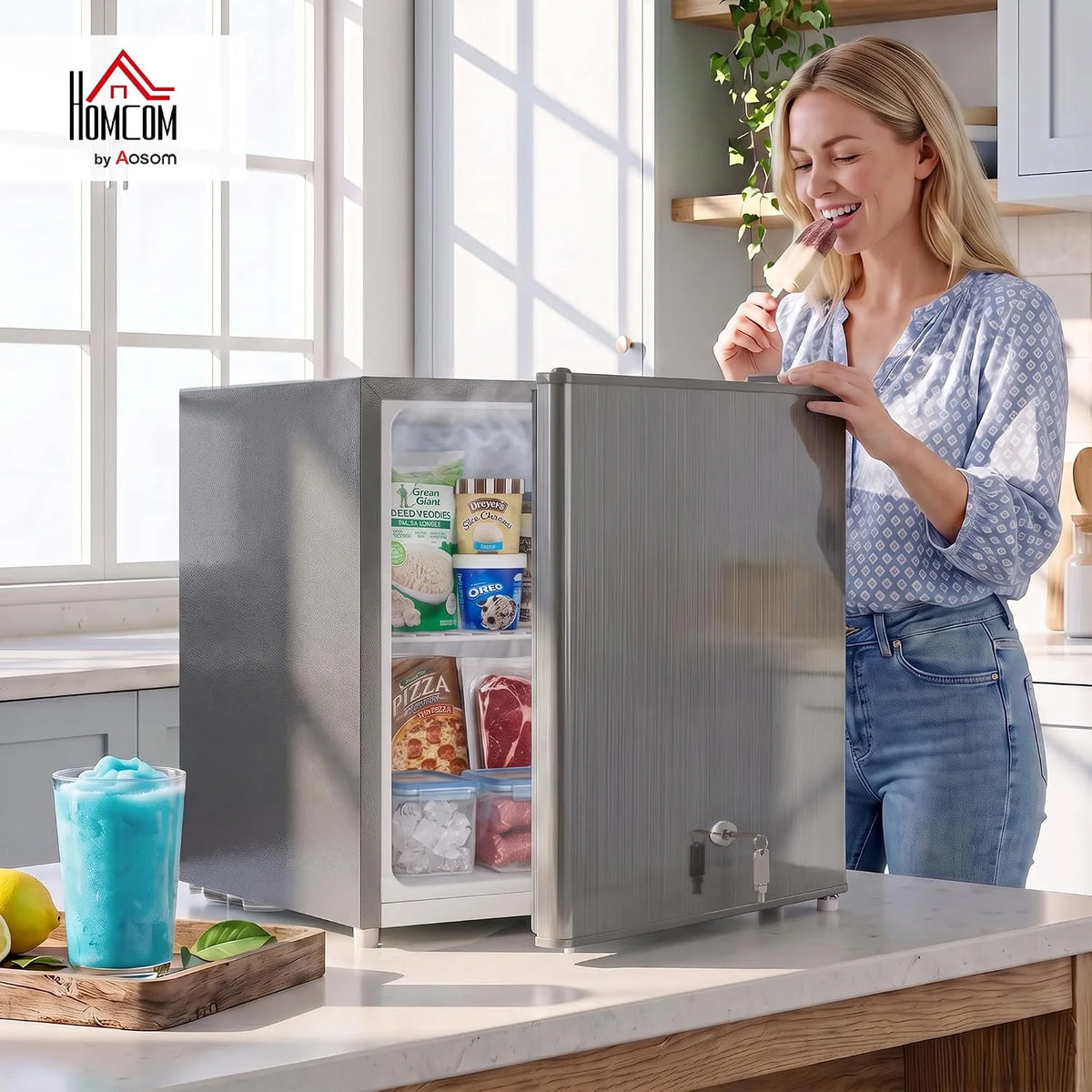HOMCOM Congelador Mini de Sobremesa, 35 L, Puerta Reversible con Cerradura, Temperatura Ajustable y Estante Extraíble, Gris