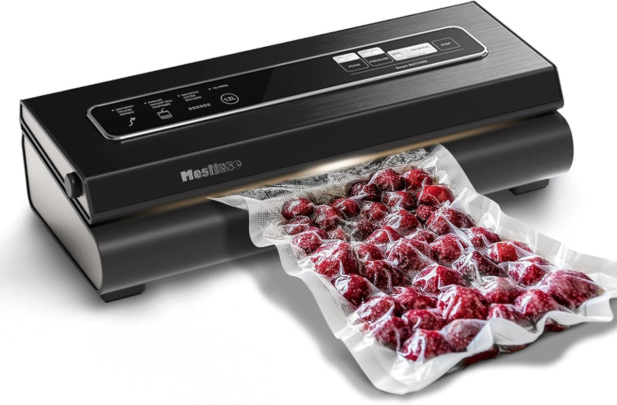 Mesliese 90kPa Envasadora al Vacío, para Alimentos Secos/Húmedos, Gris | 6-in-1 Envasadora al Vacío Compacta, 2 Rollos de Bolsas & 5 Bolsas Precortadas, Succión Inteligente, Sellado al Vacío Externo