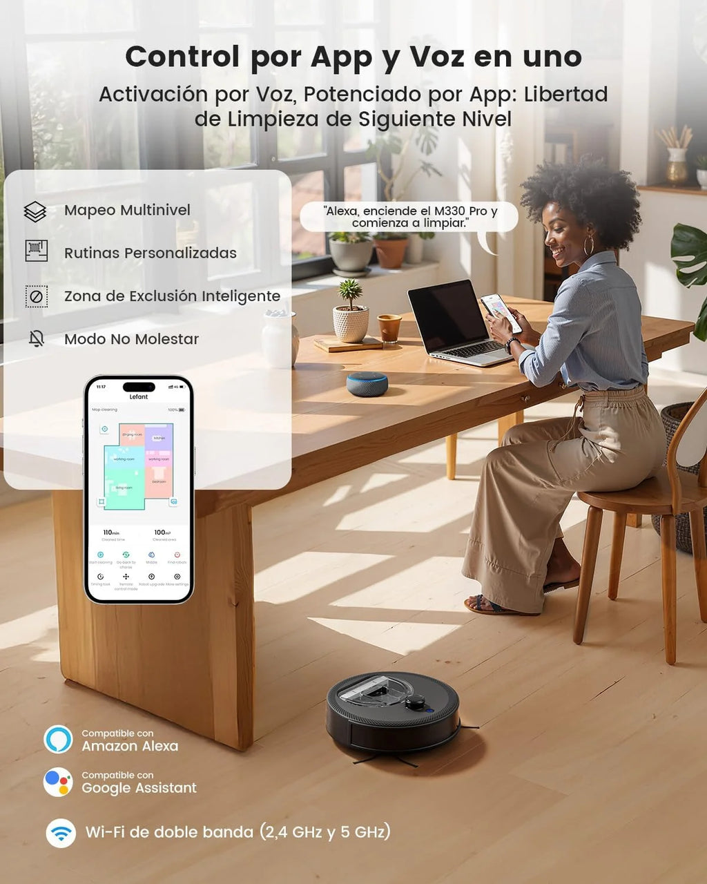 Lefant M330 Pro Robot Aspirador y Fregasuelos con Mapeo 3 en 1, 5000Pa