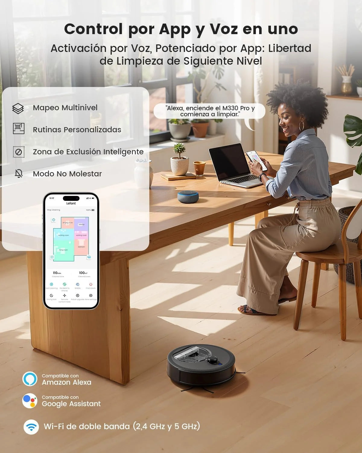 Lefant M330 Pro Robot Aspirador y Fregasuelos con Mapeo 3 en 1, 5000Pa