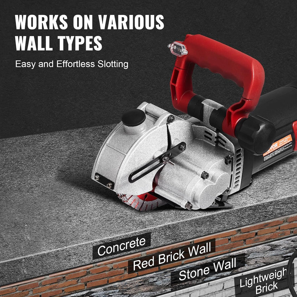 VEVOR Cortadora de Pared Profundidad de Corte de 34 mm, Máquina Cortadora de Pared 2500 W, Ranuradora de Pared Ancho de Corte de 42 mm, con 5 Hojas de Sierra, Diámetro de 160 mm con Rayos Infrarrojos